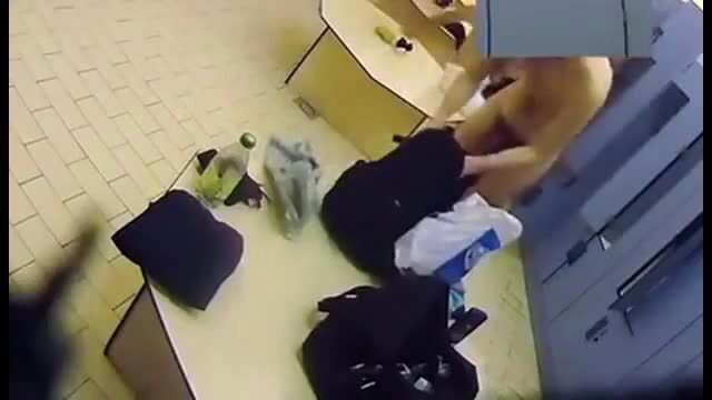 Blonde woman masturbates nude in crowded locker room