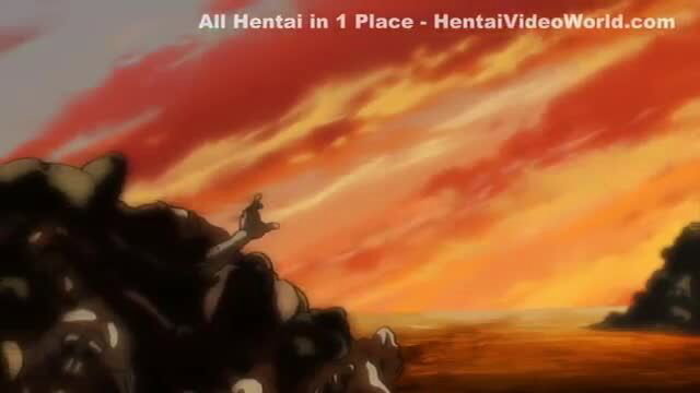 Taimanin Asagi 2 hentai girl on rock at fiery sunset horizon
