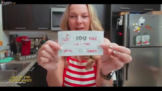 Kymber Leigh holds IOU note in kitchen, hot blonde stepmom lingerie tease