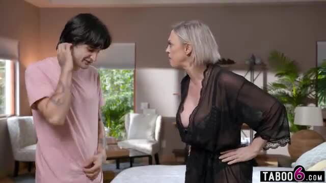 Dee Williams busty granny stepmom in sheer lingerie teases stepson