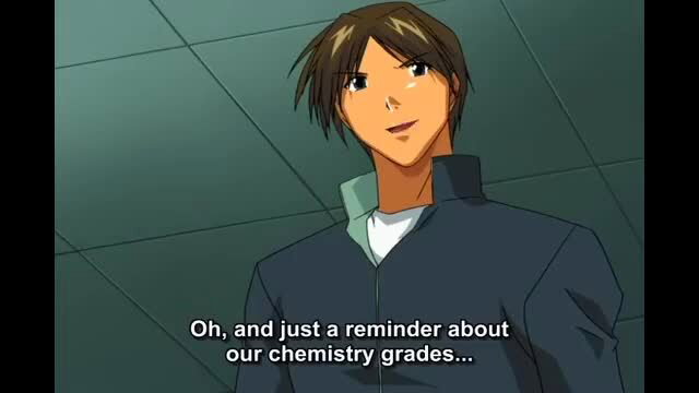 Anime guy in school uniform reminds about chemistry grades in Classroom of Atonement ep 2
