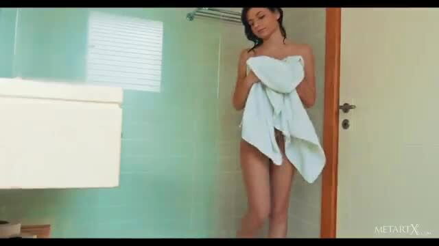 Flaca nude in shower holding towel, wet brunette pussy tease