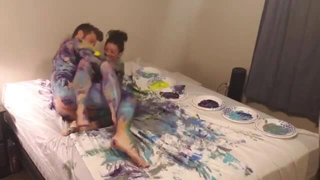 Joey Lee body painted in paint sex on bed extra credit art class