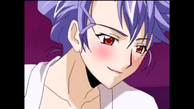 Blushing purple-haired anime trap in white robe, JAV hentai thumbnail