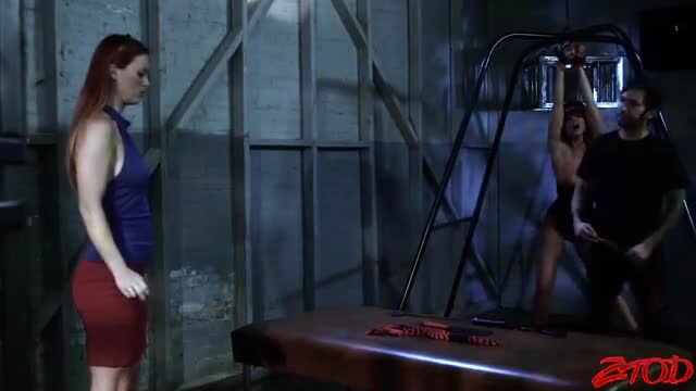 Romi redhead in tight dress watches bound brunette spanked by man