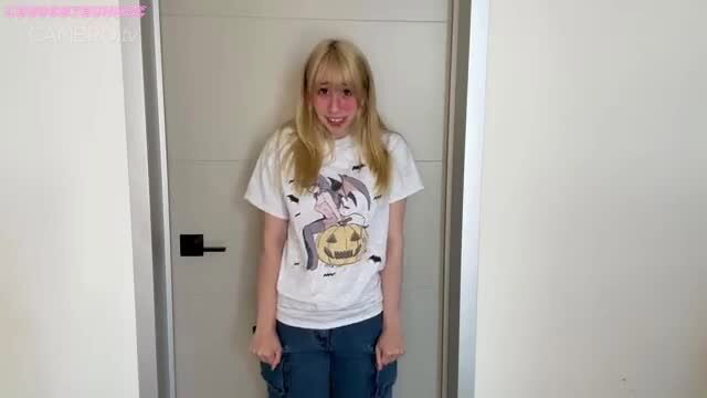 Lewdest Bunnie as shy blonde GF in pumpkin succubus tee, teasing smile