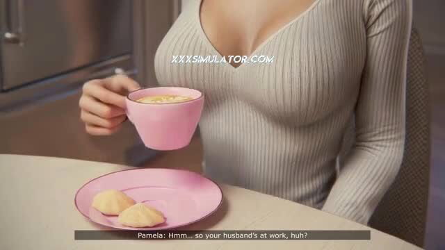 Busty Pamela in tight sweater holding pink cup, tits out