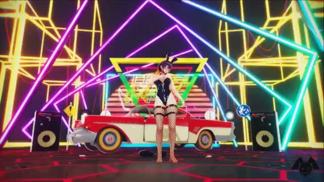 Hot Asian bunny girl in neon lingerie poses sexy by retro car