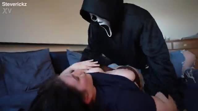 BBW with huge tits groped by masked intruder on couch
