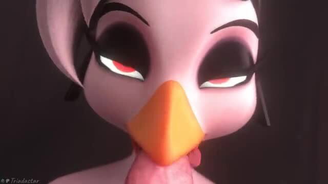 Goth Chica by Triadastar licks beak seductively, red eyes glowing