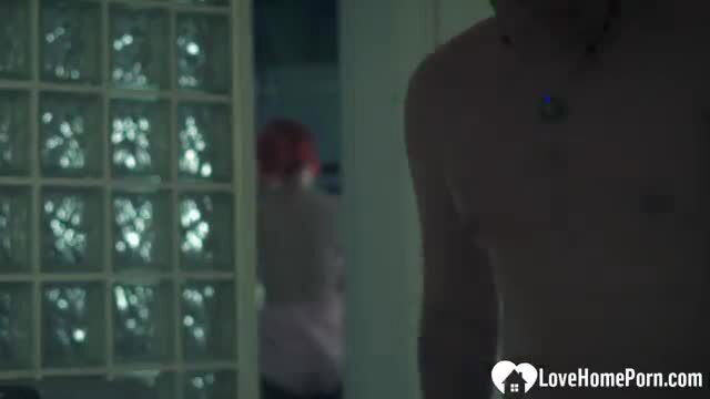 Spying on busty redhead stepmom through shower door before shagging