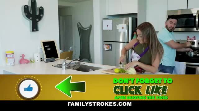 Hot busty Latina stepmom chopping veggies in apron with stepson