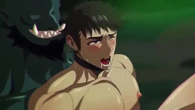 Muscular anime hunk drooling in ecstasy with goblin shadow in Cave of the Goblins hentai