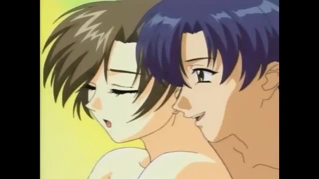 Anime hentai couple kissing intimately, girl with brown hair leans on blue-haired guy