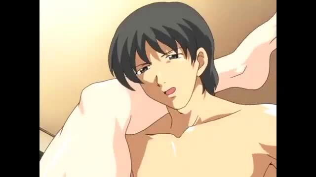 Anime boy nude with girl's legs wrapped around in hentai scene