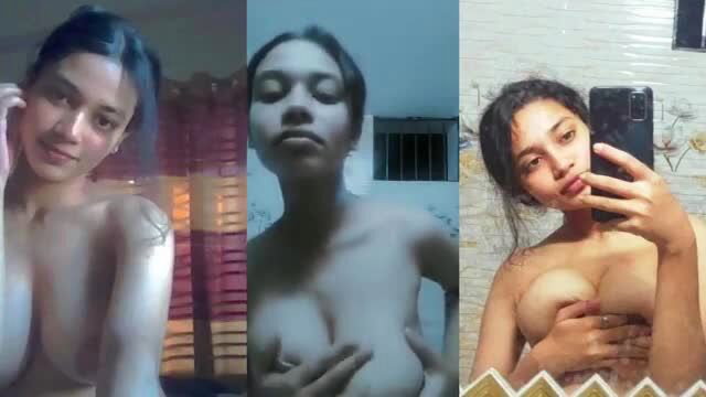 Sexy Indonesian babe topless selfies exposing perky tits in bathroom