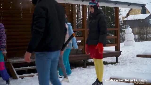 Russian girls in sexy retro outfits & tights outdoors in snow