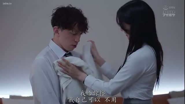 Asian boss woman tenderly wiping wet shirt of shy male subordinate JAV