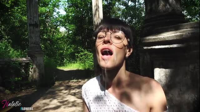 Natalie Flowers outdoor blowjob with cum on tongue in ruins