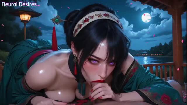 Stunning Asian beauty in seductive green silk kimono, huge tits exposed, sultry gaze under moonlight