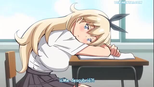 Blonde anime schoolgirl with huge tits asleep at desk, hentai tease