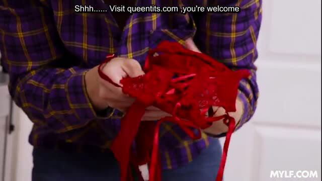 Man holds red lace lingerie in Fucked My Dads New Hijab Wife scene