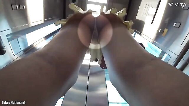Two JAV babes' huge asses POV in elevator, upskirt tease