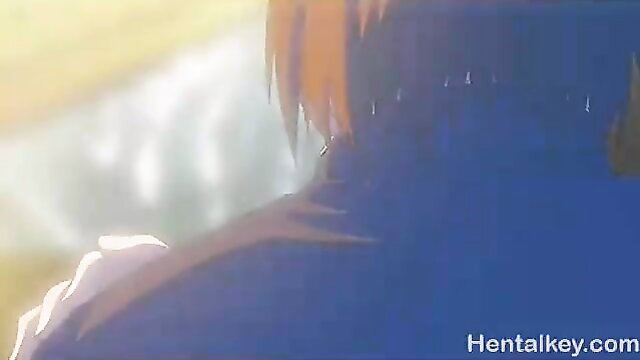 Anime hentai girl with orange hair teases from behind in sexy blue top