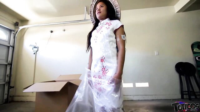 Violet Rae Filipina teen in cheongsam unboxed as sex doll robot