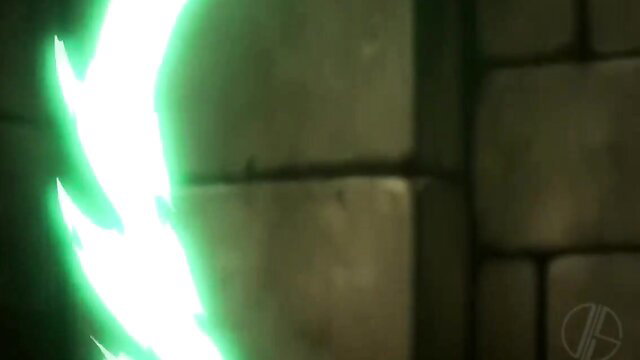 Glowing green neon hentai sword in dark stone dungeon scene