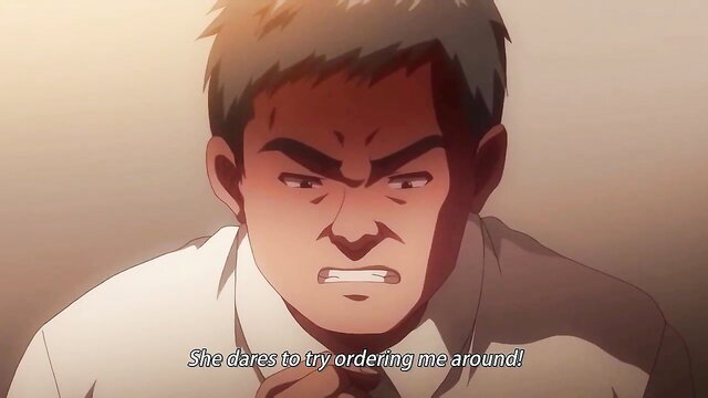 Angry anime guy in suit from Jashin Shoukan sneers at bossy woman