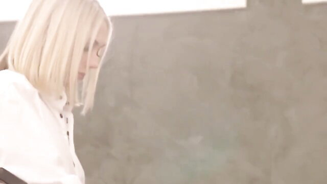 Blonde in white shirt glances back, big ass anal tease