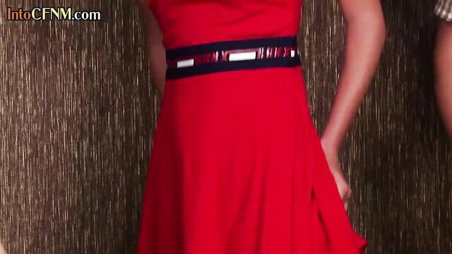 Red dress Asian MILF in CFNM cocksucking voyeur video