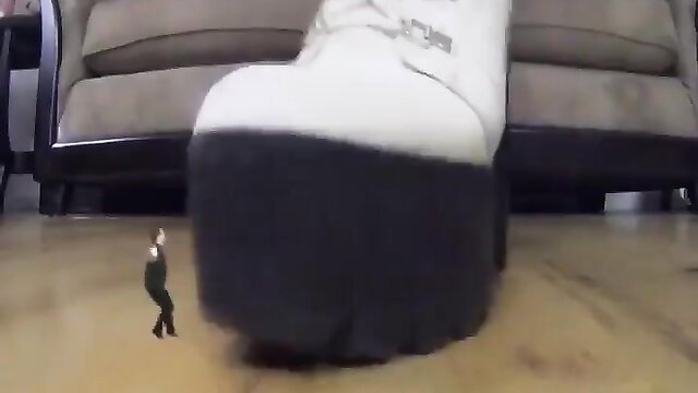 Harley Queen giant white platform boot towers over tiny man giantess fetish POV