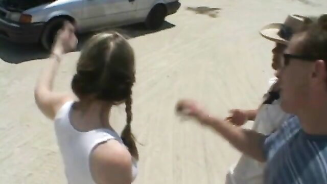 Cute blonde teen waving arm in outdoor bangvan orgy setup