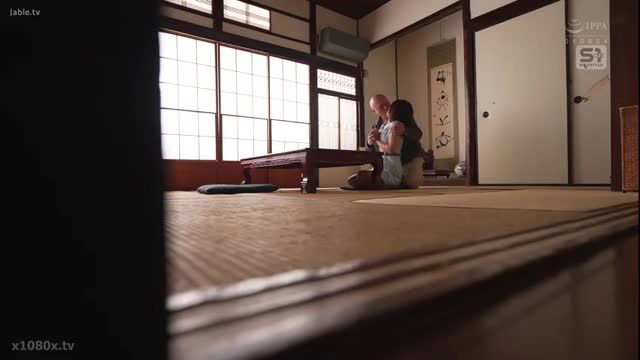 Bald old Japanese man hugs young Asian girl in kimono, JAV kissing foreplay