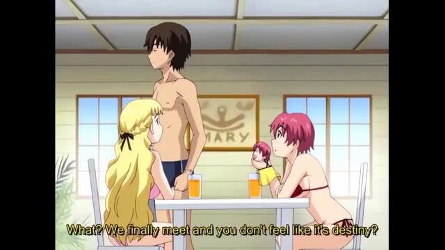Uncensored beach hentai harem with busty blonde and redhead anime girls teasing topless guy