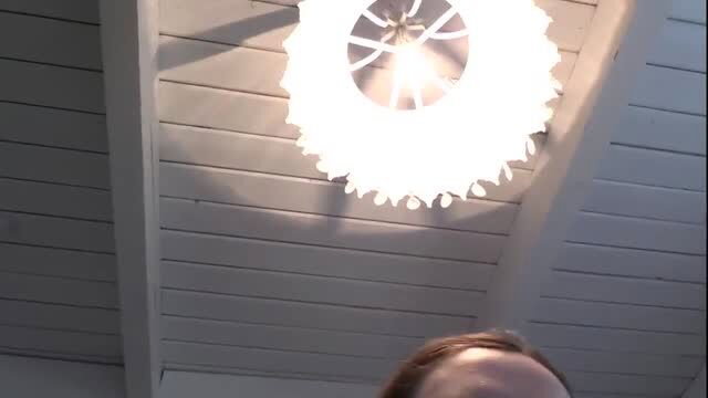 MILF girlfriend's glowing lampshade ceiling view in attic room