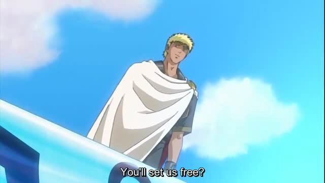 Blonde anime king in white cape on blue sky, 'You'll set us free?' hentai scene
