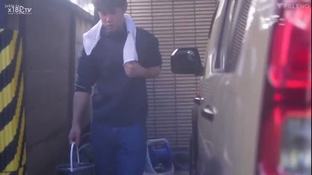 Sweaty Japanese guy in towel after workout, car wash tease