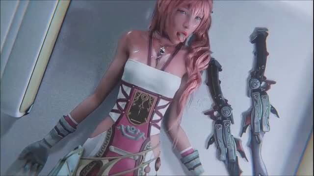 Pink-haired hentai anime girl in skimpy cosplay licks tongue seductively