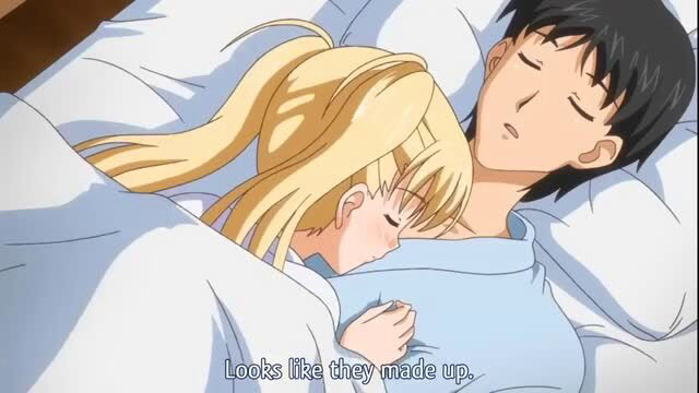 Anime couple Asuka and Shinji cuddling in bed after making up