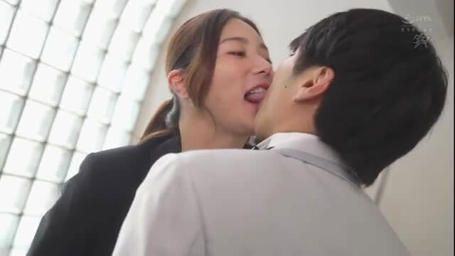 Hot JAV bride kissing planner passionately in wedding suit