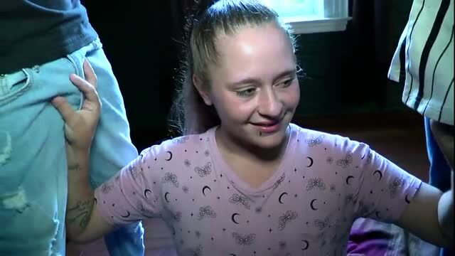 Chubby teen girl in pink PJ top grabbed by two guys in amateur threesome