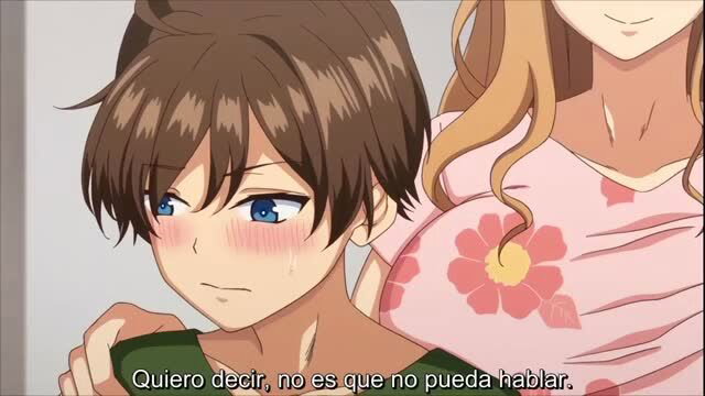 Blushing anime trap held by busty milf in tight pink top