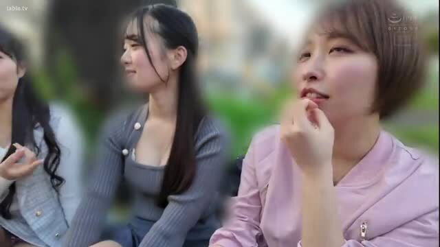 3 cute Japanese girls in tight tops at park hanami, biting lip tease