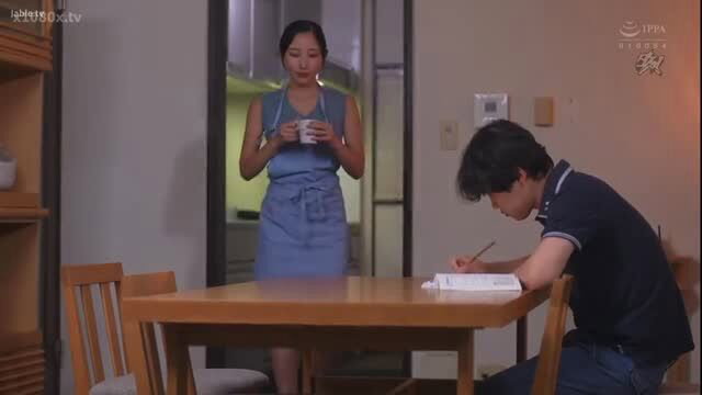 Kitano Mina as hot Asian MILF in apron watches son study, JAV taboo