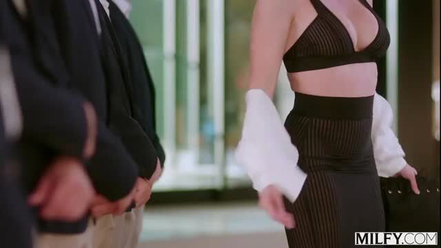 Cory Chase in sheer lingerie with suited men for gangbang