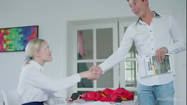 Blonde Emily Cutie shakes hands with guy in schoolgirl outfit