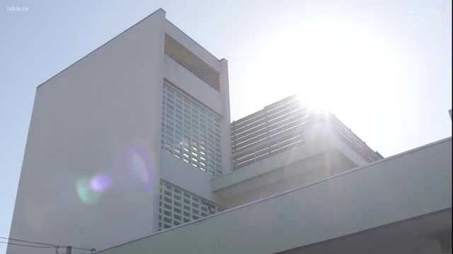 Modern white building exterior with sun glare, jav gal school scene